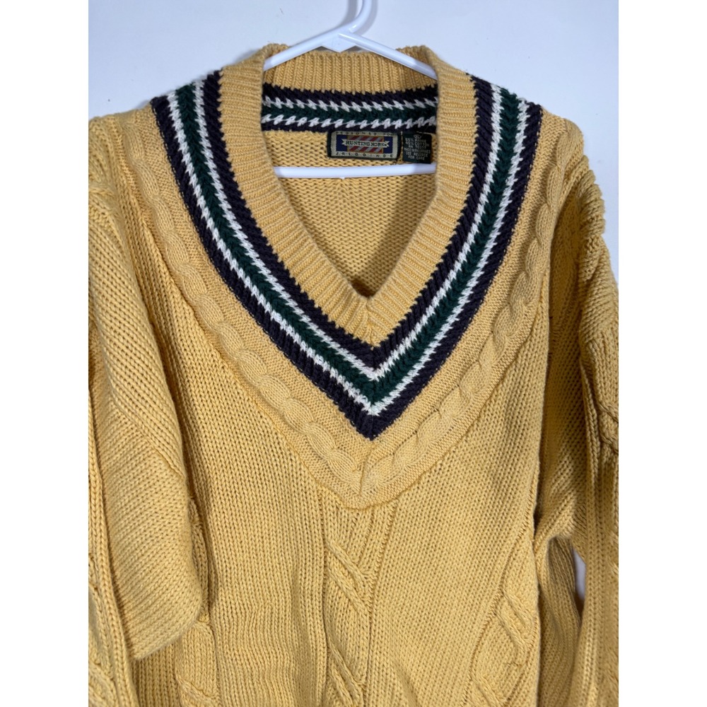 Vintage Hunting Horn Cricket Sweater Mens XL Yellow Cable Knit V-Neck Ramie FLAW
